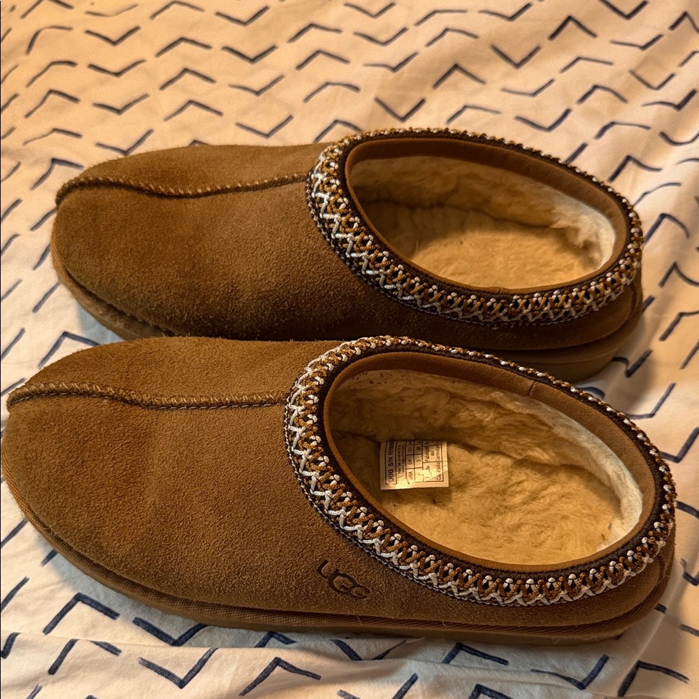 UGG Tan Slippers with Patterned Trim